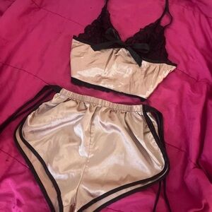 Elegant Black and Rose Gold Lace Trim Sleepwear Set